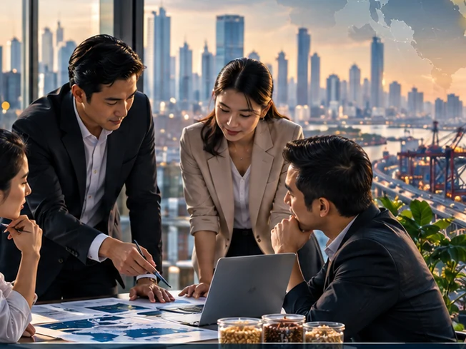 Business leaders collaborating with a Southeast Asian city skyline at sunset