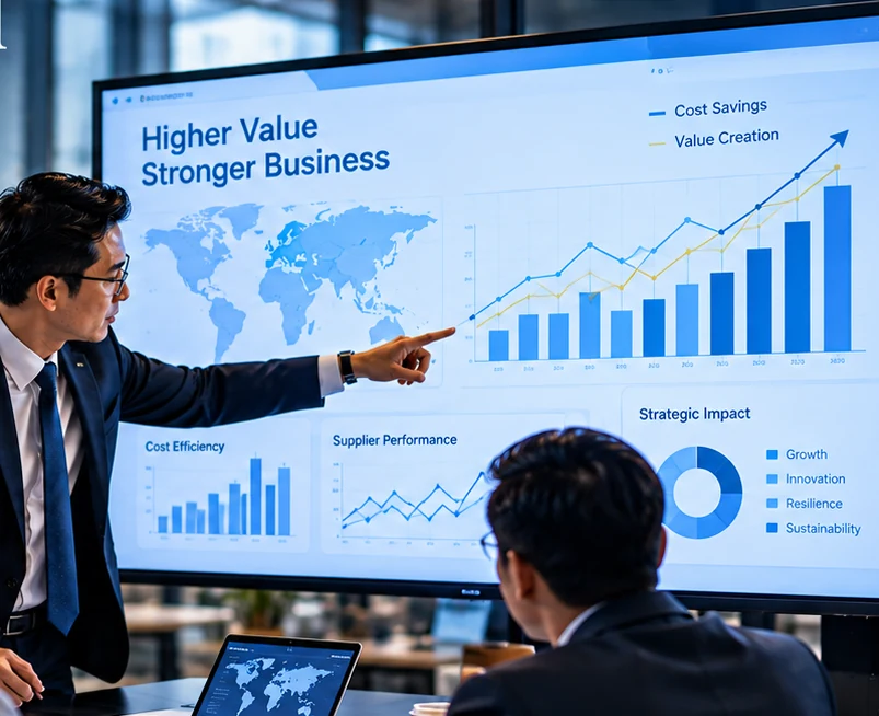 Executives analysing commercial data, charts and decisions
