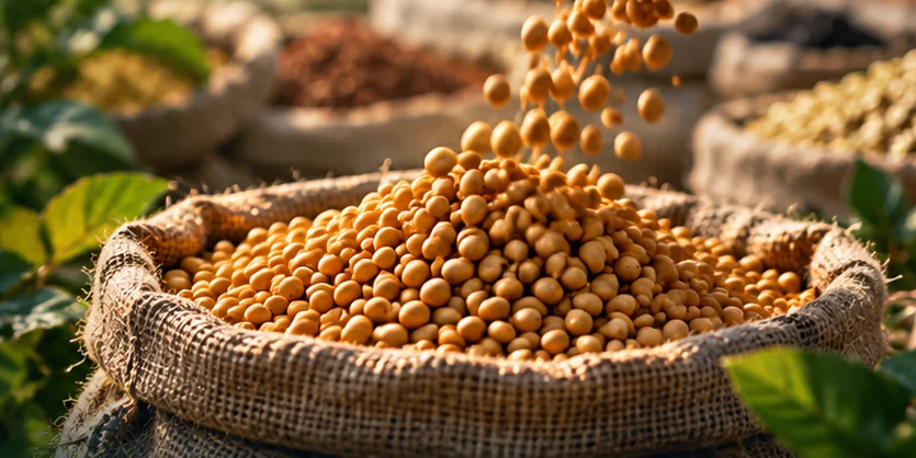Hands holding raw soybeans above sacks of grains and raw materials