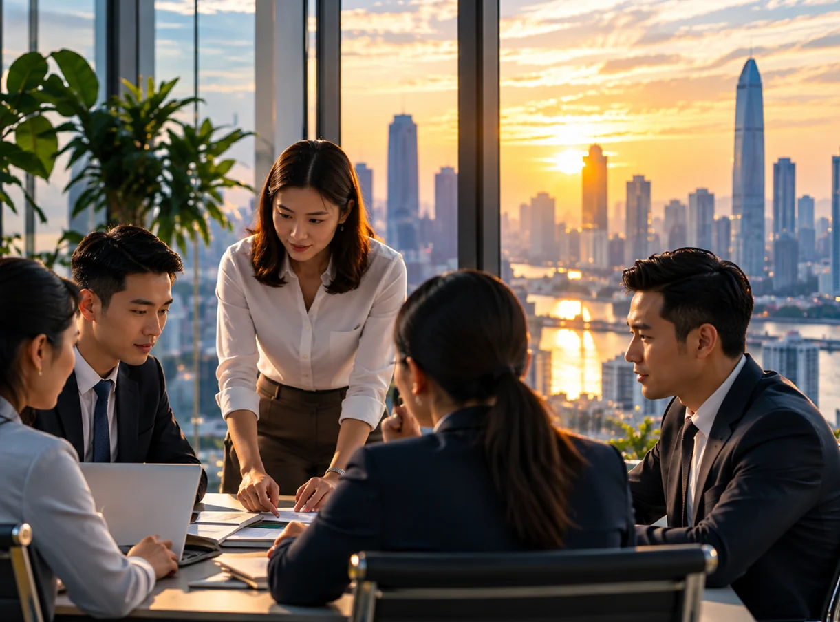 Business team collaborating in a modern office with greenery and a city view