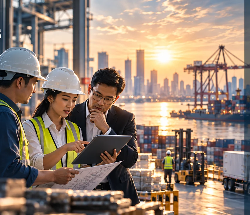 Operators reviewing live plant operations with a city skyline — hands-on operating experience