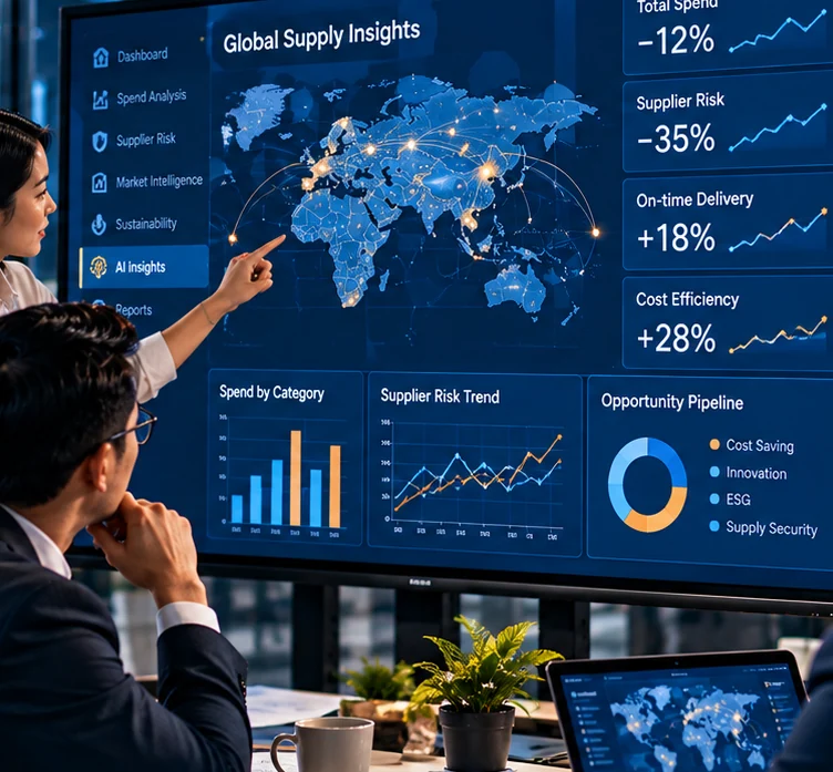 A team reviewing procurement data and analytics on screen