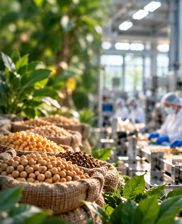 Seedlings and food raw materials on a production line — food & agribusiness