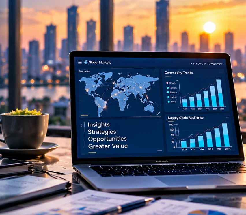 A laptop with business charts and a city skyline at sunset
