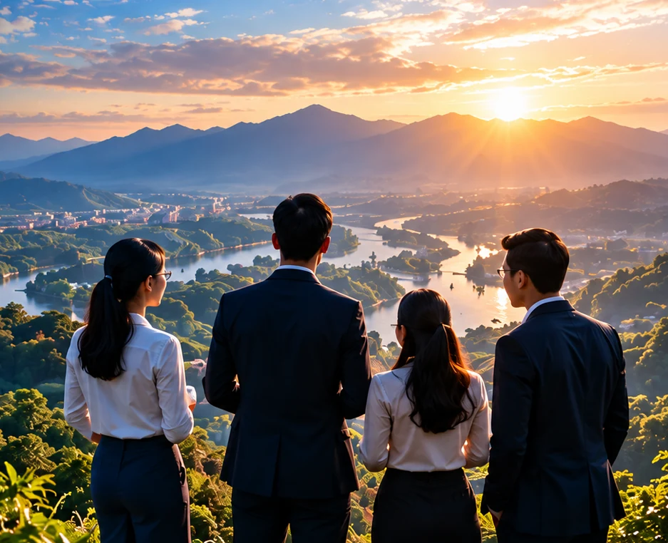 A team looking out over a broad Southeast Asian landscape at sunset — people, partnerships and shared progress