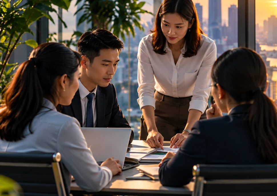 Senior business professionals reviewing performance information on a laptop and documents in a boardroom, warm evening light